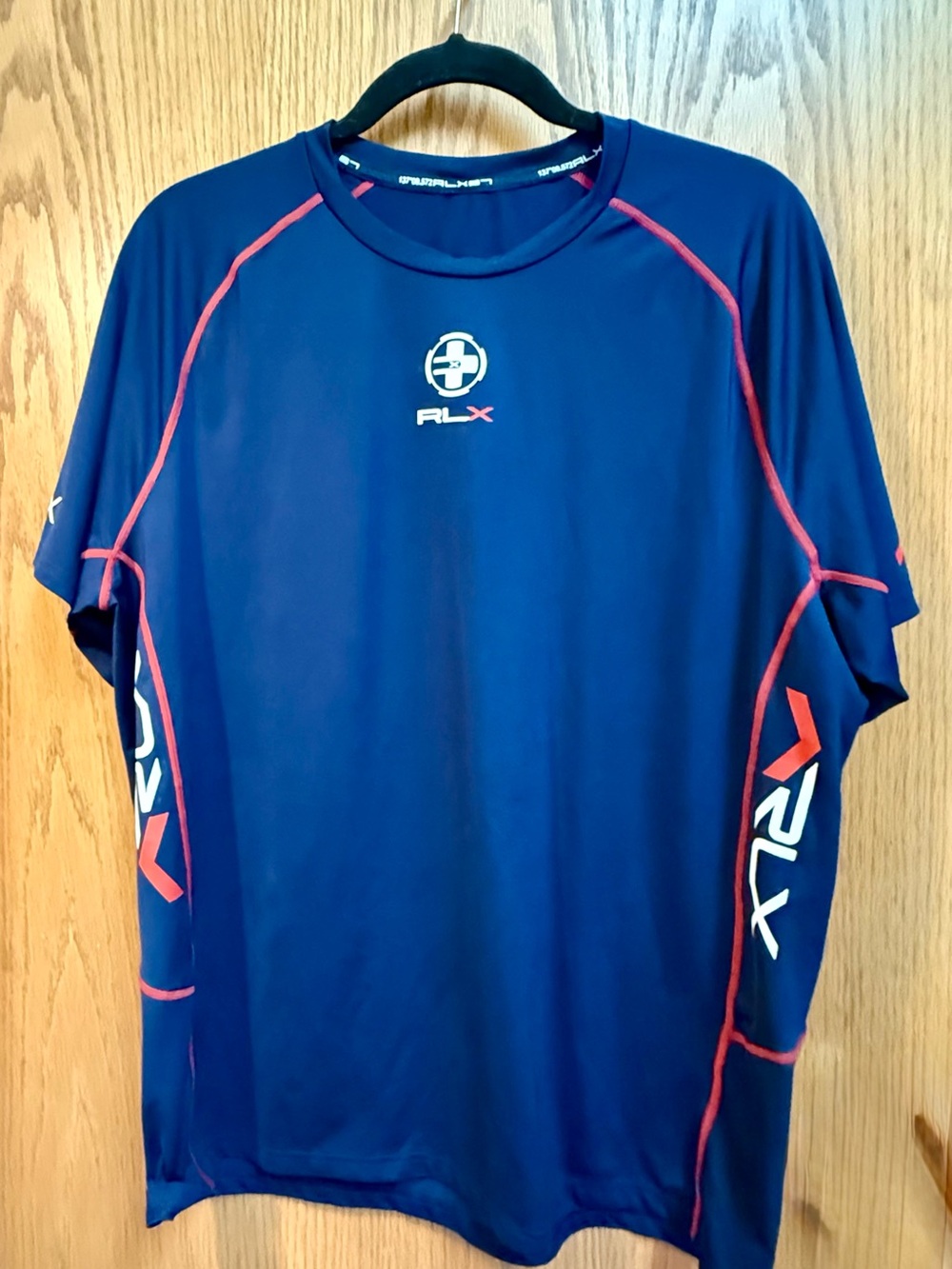 RLX Ralph Lauren Navy Blue Short Sleeve Performance Tee with Red Accents